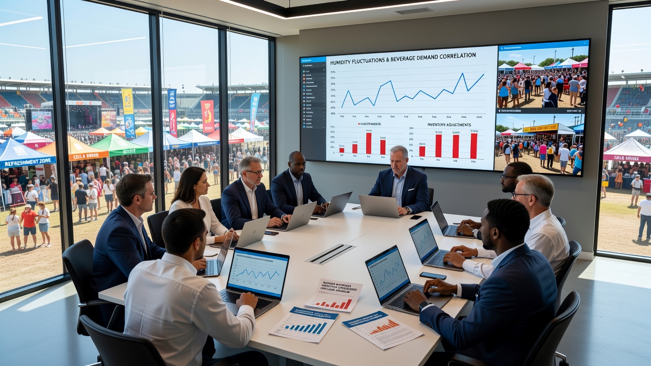 Data dashboard displaying humidity trends alongside projected beverage requirements for public gatherings