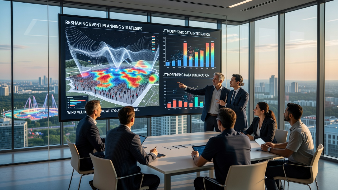 Event planners reviewing atmospheric simulation outputs on tablets while standing at an outdoor festival grounds during setup