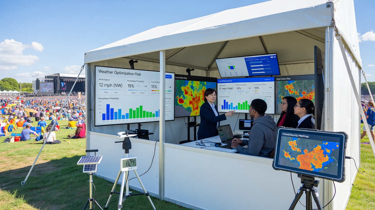 Event operations team reviewing real-time weather dashboards and adjusting logistics at an outdoor gathering